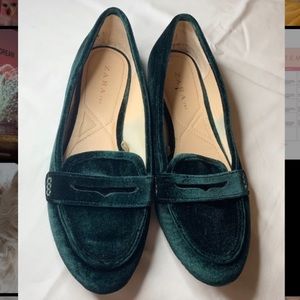 Zara Faux Velvet Dark Green Loafers